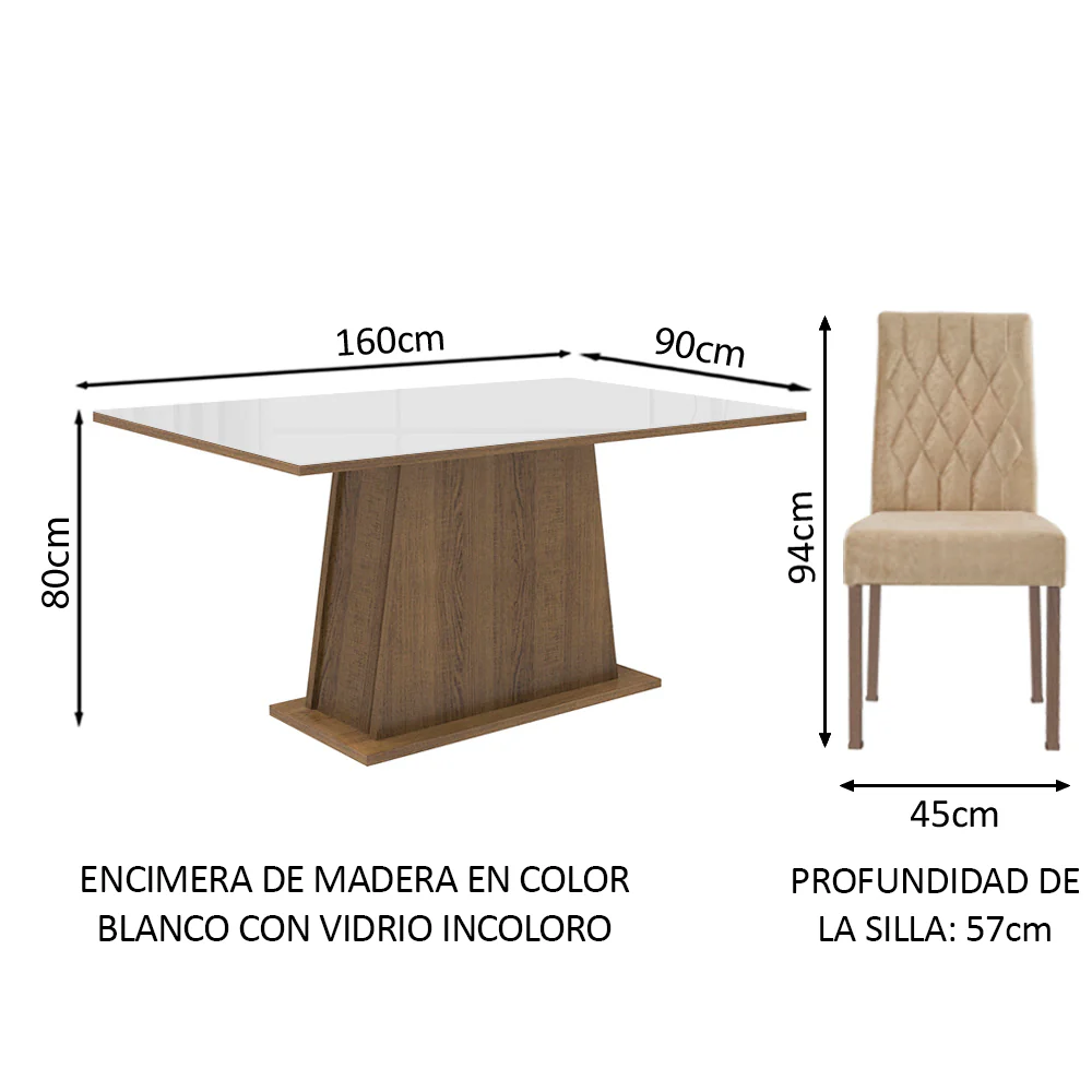 Juego de Comedor Mesa Tapa de Vidrio 6 Sillas Marrón/Blanco/Imperial Stéfani Madesa - Image 2