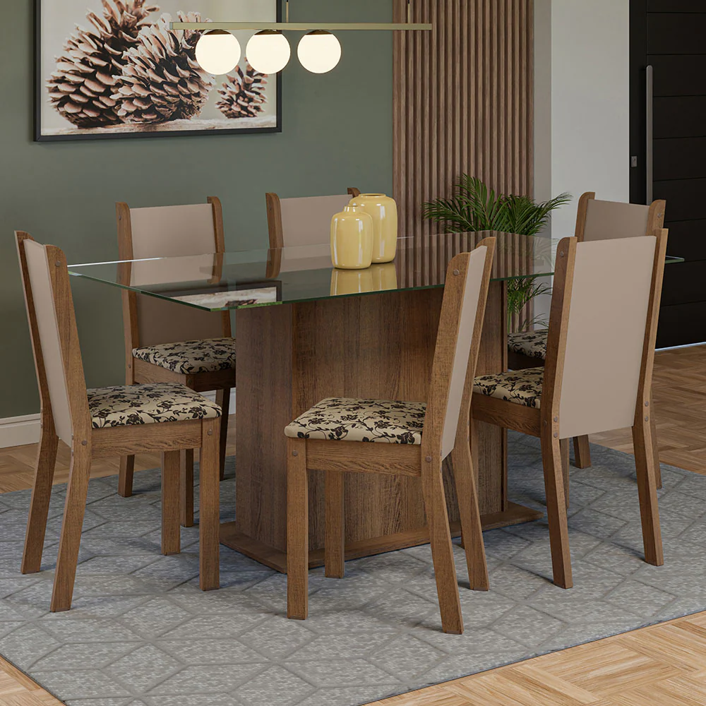 Juego de Comedor Mesa Tapa de Vidrio 6 Sillas Marrón/Crema/Beige Marrón Yolanda Madesa