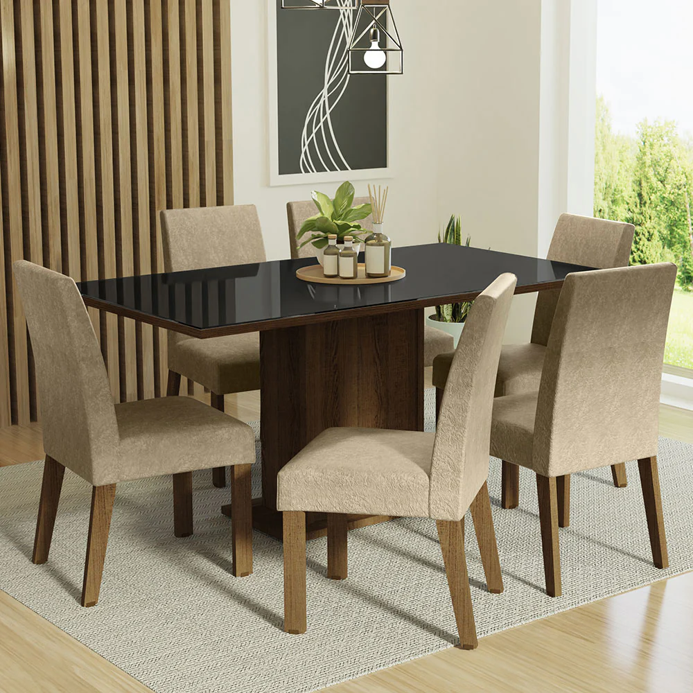 Juego de Comedor Mesa Tapa de Vidrio 6 Sillas Marrón/Negro/Imperial Alexis Madesa