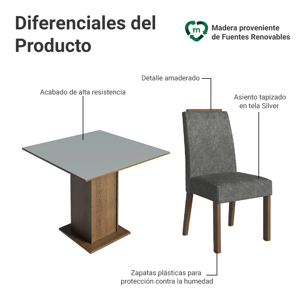 Juego de Comedor Mesada de Madera 4 Sillas Aspen Marrón/Gris/Silver - Image 4