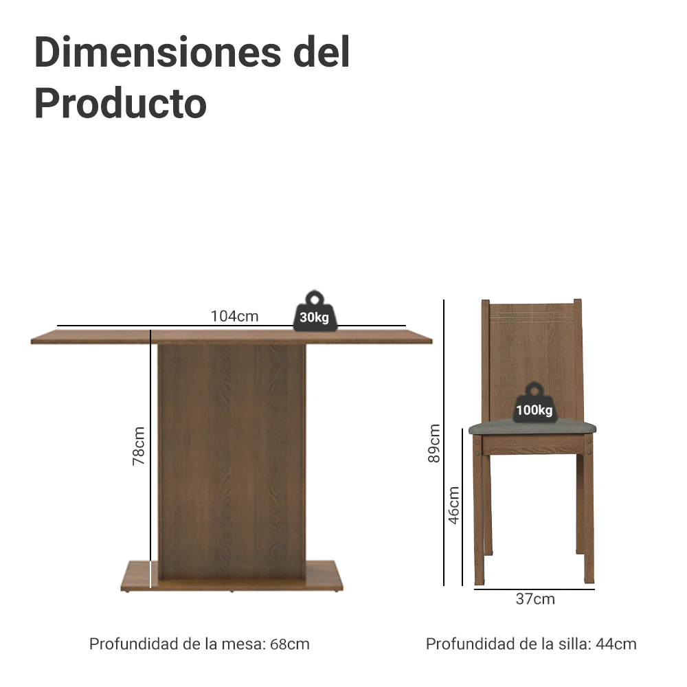 Juego de Comedor Mesada de Madera 4 Sillas Luana Marrón/Silver - Image 2