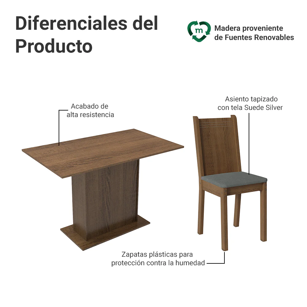 Juego de Comedor Mesada de Madera 4 Sillas Luana Marrón/Silver - Image 4