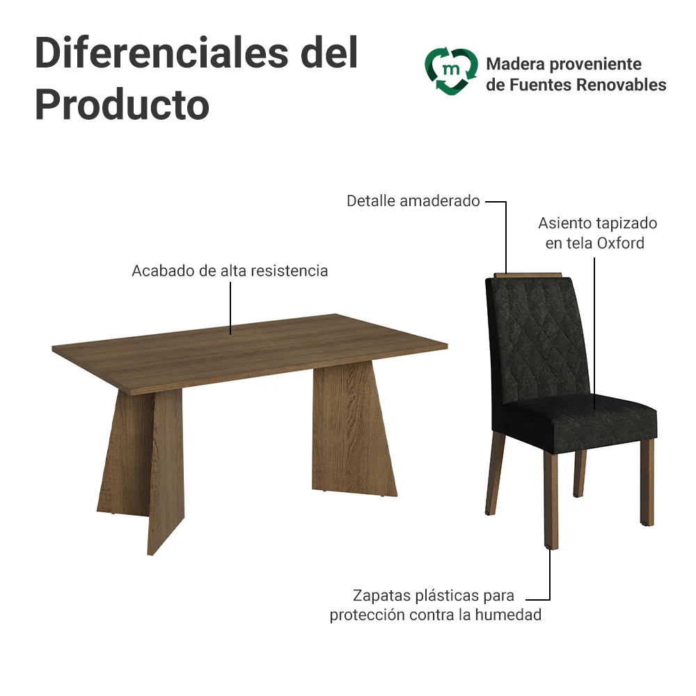 Juego de Comedor Mesada de Madera 4 Sillas Tulum Marrón/Oxford - Image 4