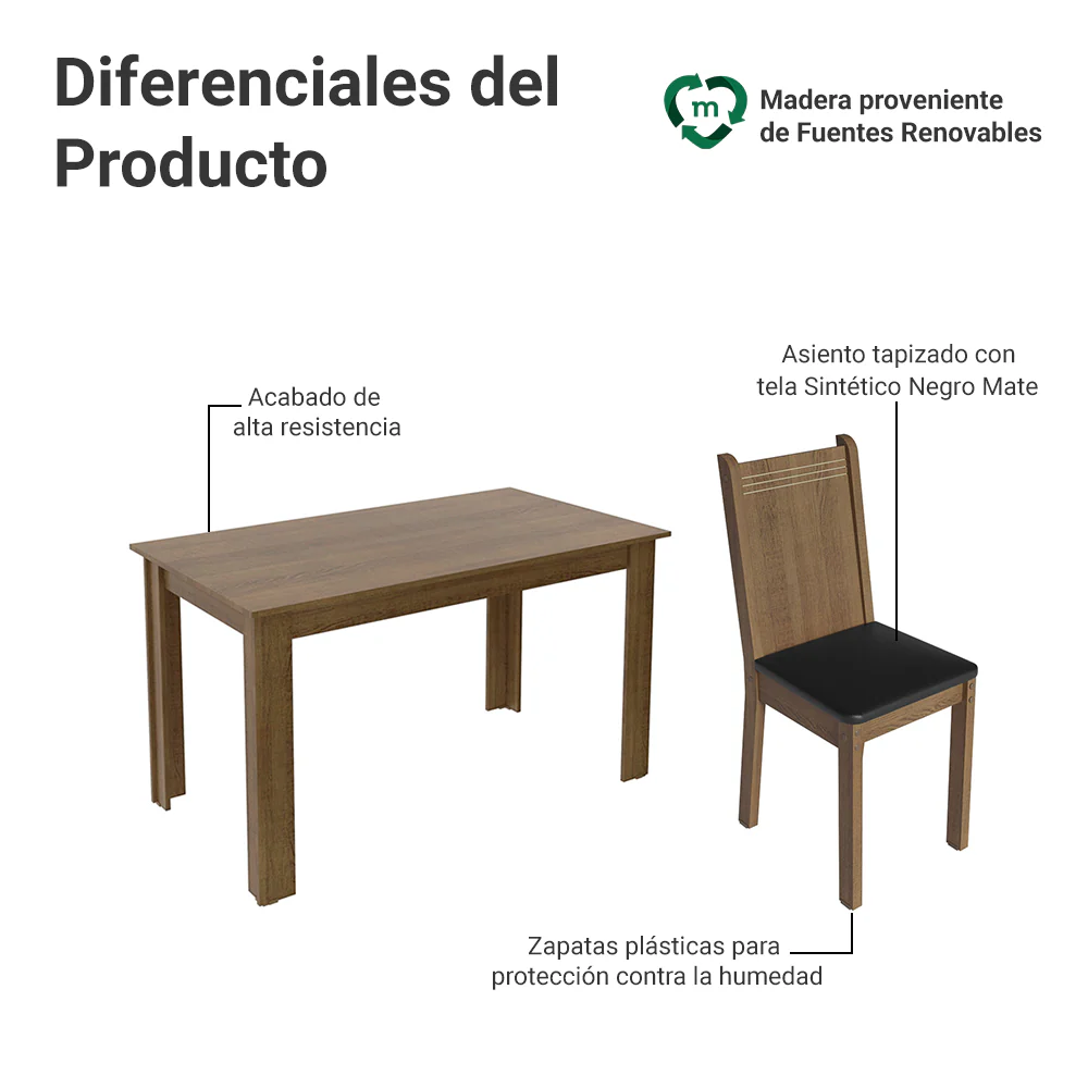 Juego de Comedor Mesada de Madera 6 Sillas Analu Marrón/Negro - Image 4