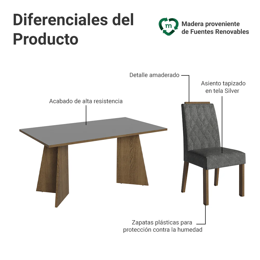 Juego de Comedor Mesada de Madera 6 Sillas Leon Marrón/Gris/Silver - Image 4