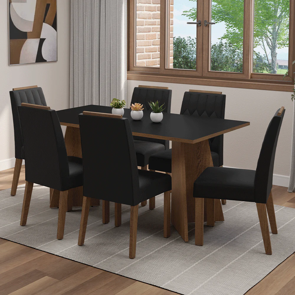 Juego de Comedor Mesada de Madera 6 Sillas Leon Marrón/Negro/Oxford