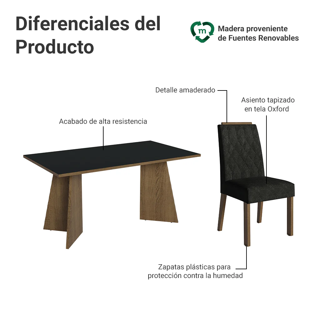 Juego de Comedor Mesada de Madera 6 Sillas Leon Marrón/Negro/Oxford - Image 4