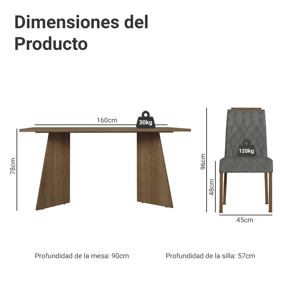 Juego de Comedor Mesada de Madera 6 Sillas Leon Marrón/Silver - Image 2