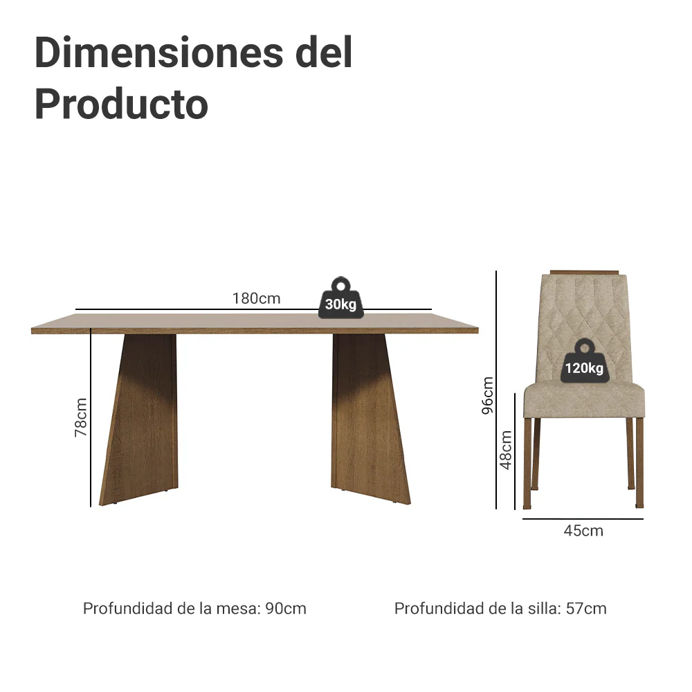 Juego de Comedor Mesada de Madera 6 Sillas York Marrón/Crema/Imperial - Image 2
