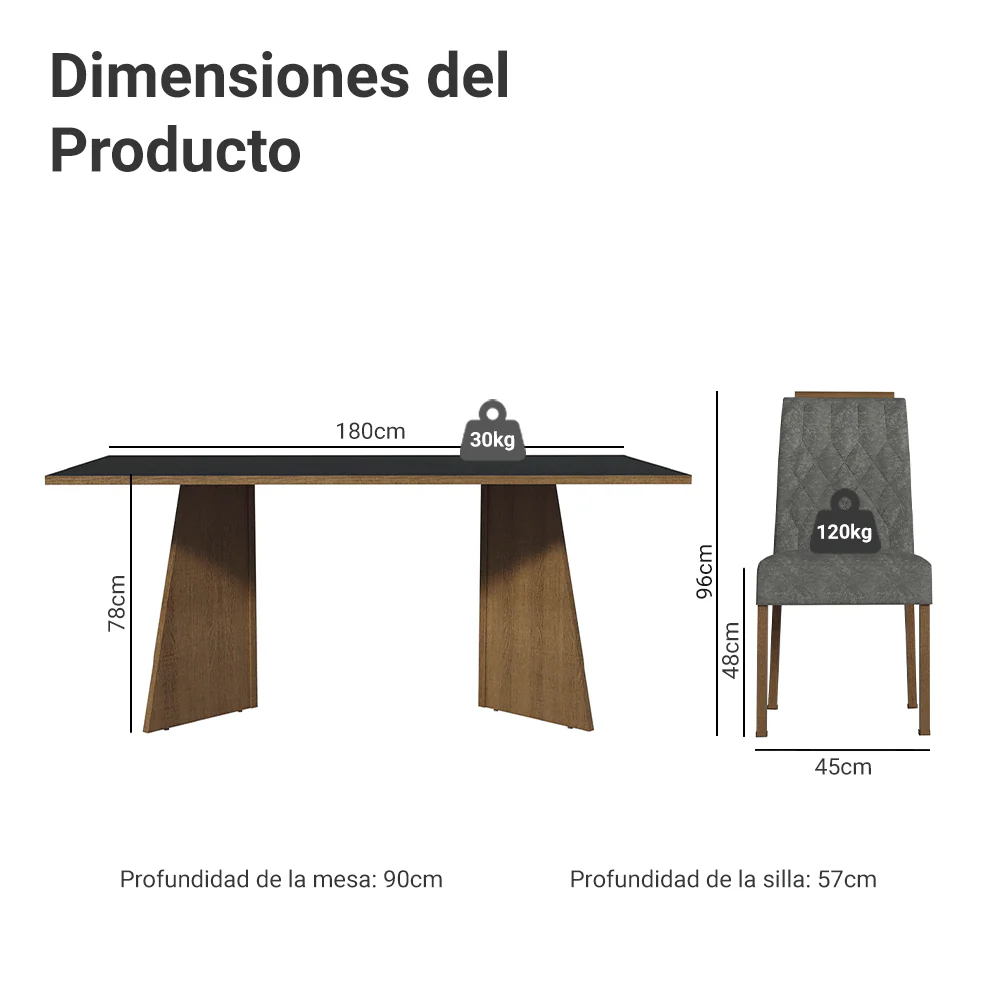Juego de Comedor Mesada de Madera 6 Sillas York Marrón/Negro/Silver - Image 2