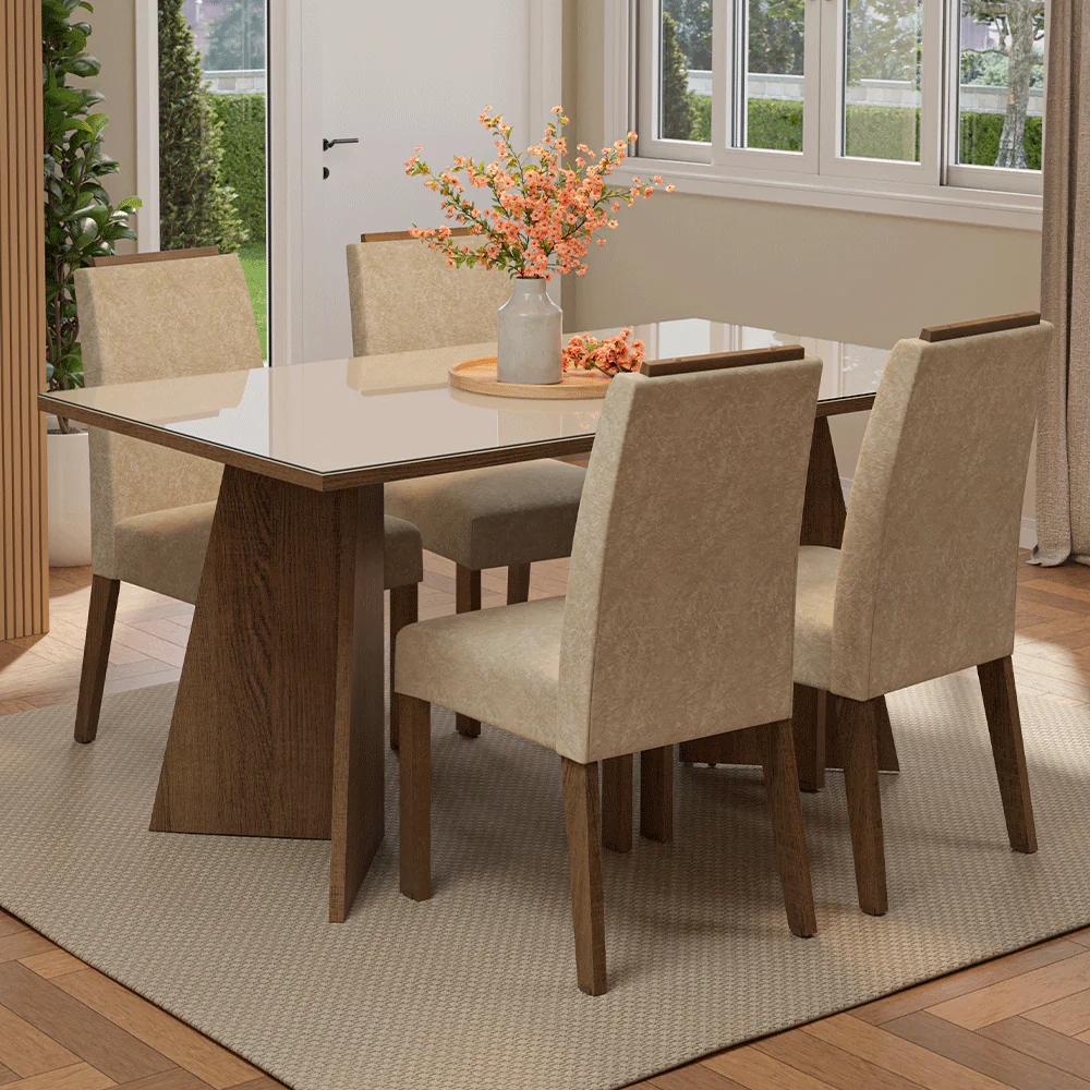 Juego de Comedor Mesada de Vidrio 4 Sillas Braga Marrón/Crema/Imperial