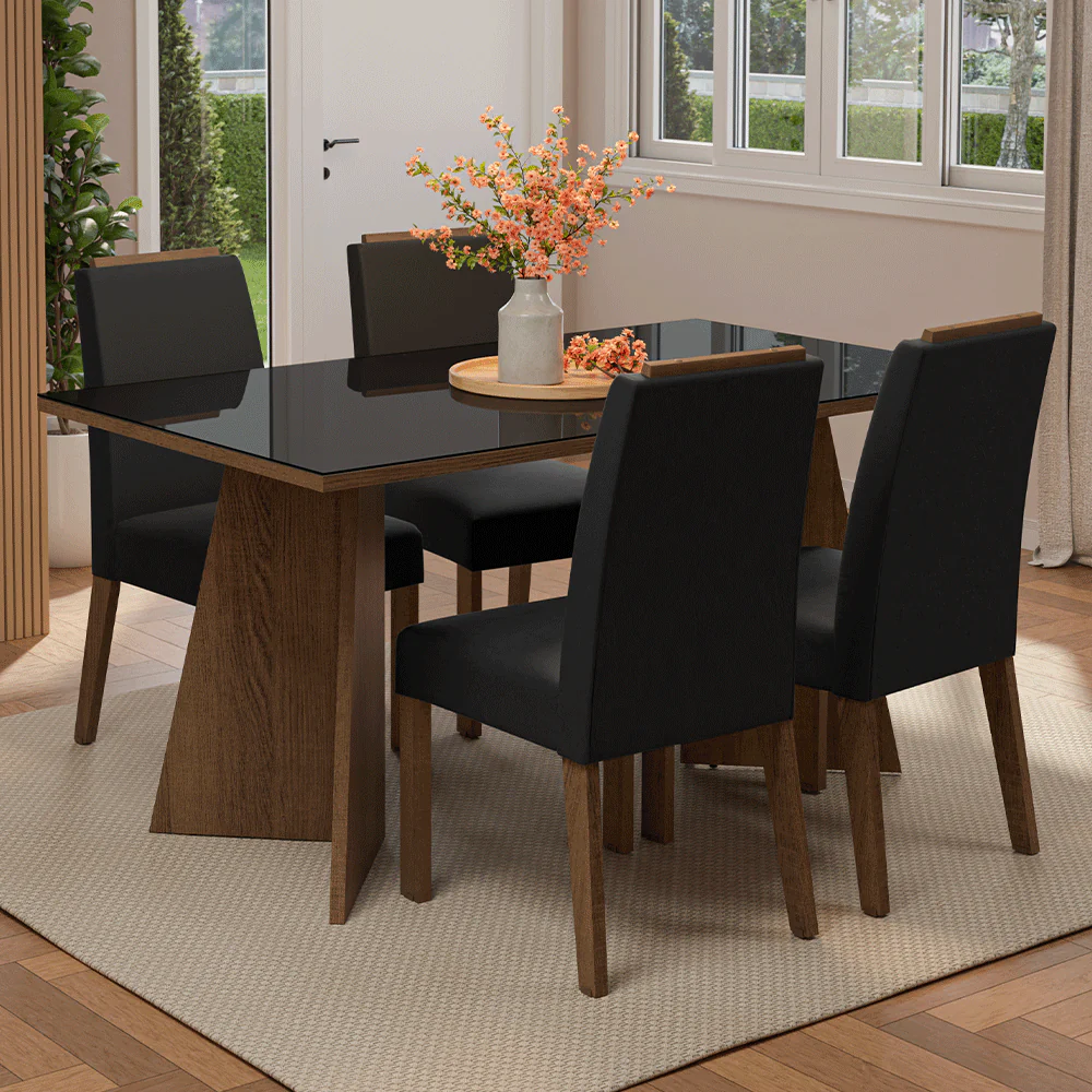 Juego de Comedor Mesada de Vidrio 4 Sillas Braga Marrón/Negro/Oxford