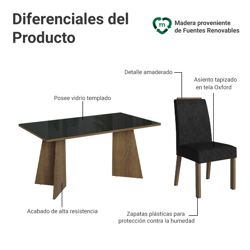 Juego de Comedor Mesada de Vidrio 4 Sillas Braga Marrón/Negro/Oxford - Image 4