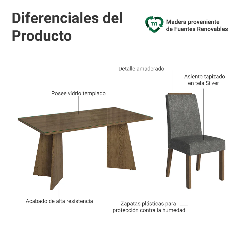 Juego de Comedor Mesada de Vidrio 4 Sillas Braga Marrón/Silver - Image 4