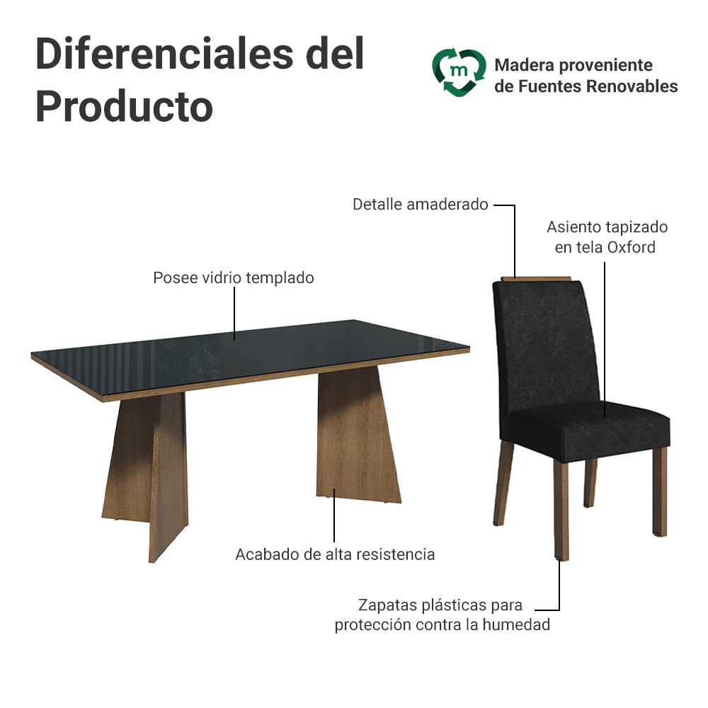Juego de Comedor Mesada de Vidrio 6 Sillas Amalfi Marrón/Negro/Oxford - Image 4