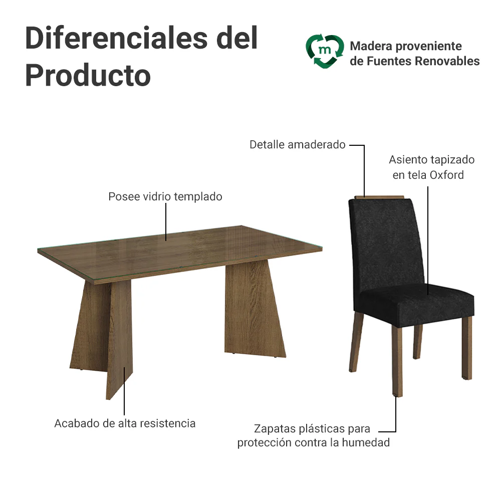 Juego de Comedor Mesada de Vidrio 6 Sillas Madrid Marrón/Oxford - Image 4