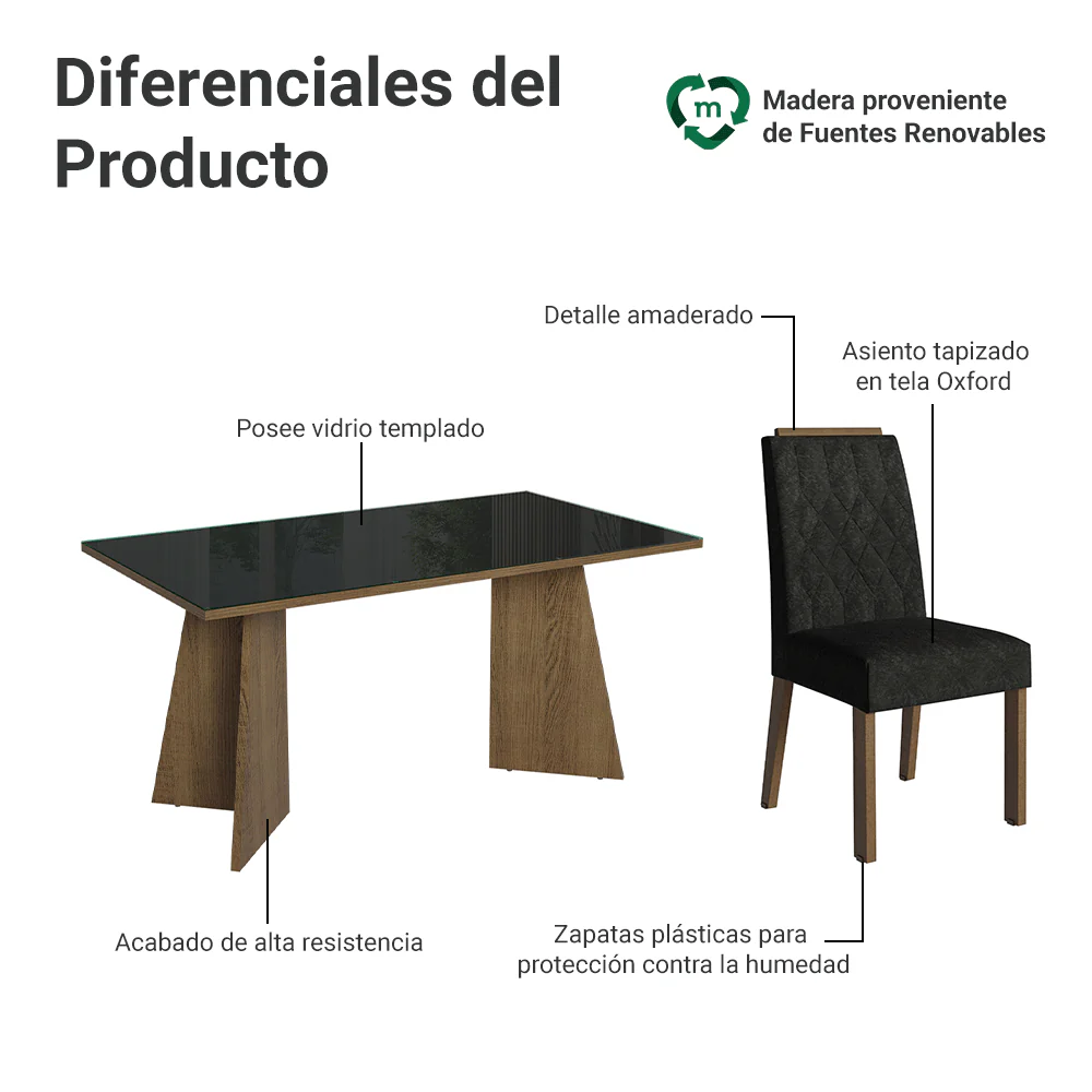 Juego de Comedor Mesada de Vidrio 6 Sillas Sintra Marrón/Negro/Oxford - Image 4