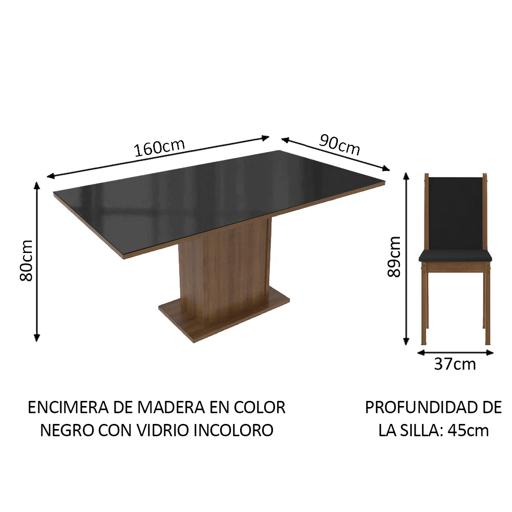 Juego de Comedor Moscou Plus Madesa Mesa Tapa de Vidrio con 6 Sillas Marrón/Negro - Image 2