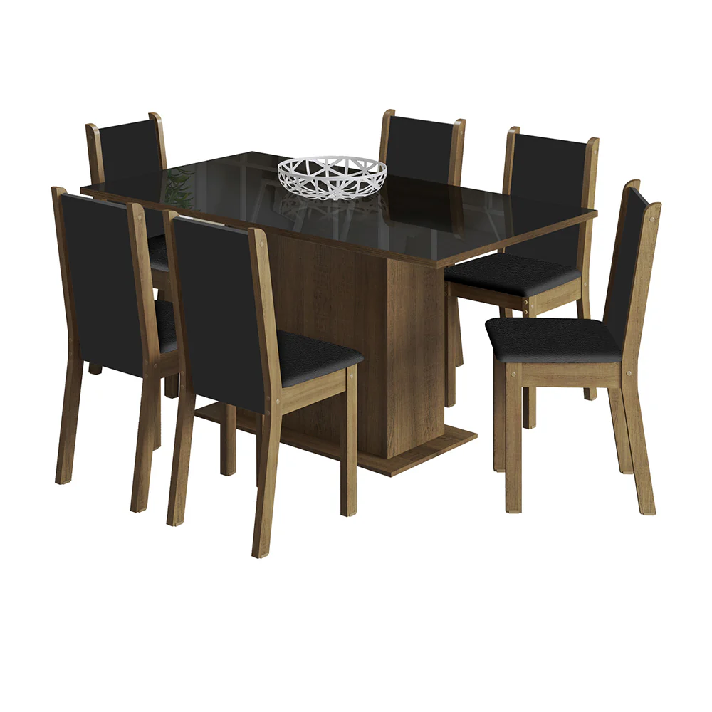 Juego de Comedor Moscou Plus Madesa Mesa Tapa de Vidrio con 6 Sillas Marrón/Negro - Image 3