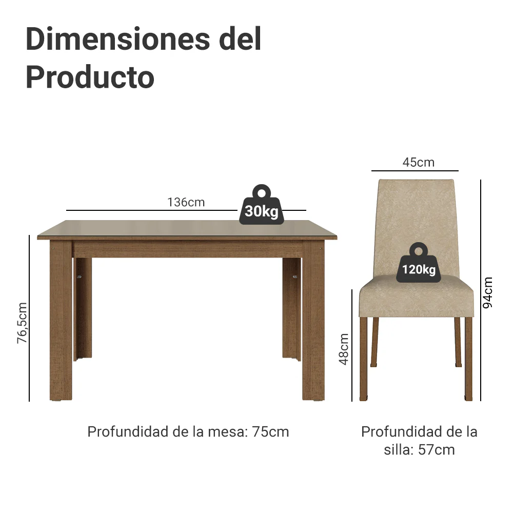 Juego de Comedor Ravena Mesa Tapa de Vidrio 4 Sillas Marrón/Crema/Suede Imperial Madesa - Image 2