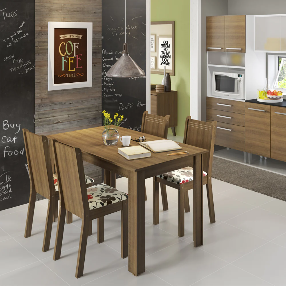 Juego de Comedor Rosie Madesa Mesa Tapa de Madera con 4 Sillas Marrón/Floral Hibiscos