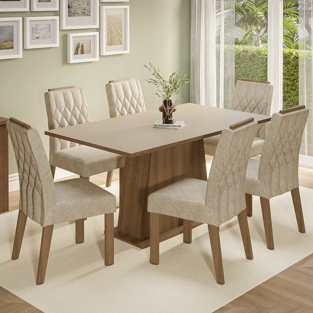 Juego de Comedor Tapa de Madera 6 Sillas Marrón/Crema/Imperial Hortelã Madesa
