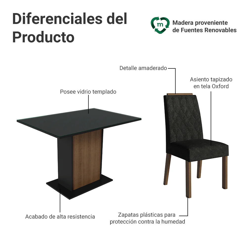 Juego de Comedor Tapa de Vidrio 4 Sillas Marrón/Negro/Oxford Pitanga Madesa - Image 4