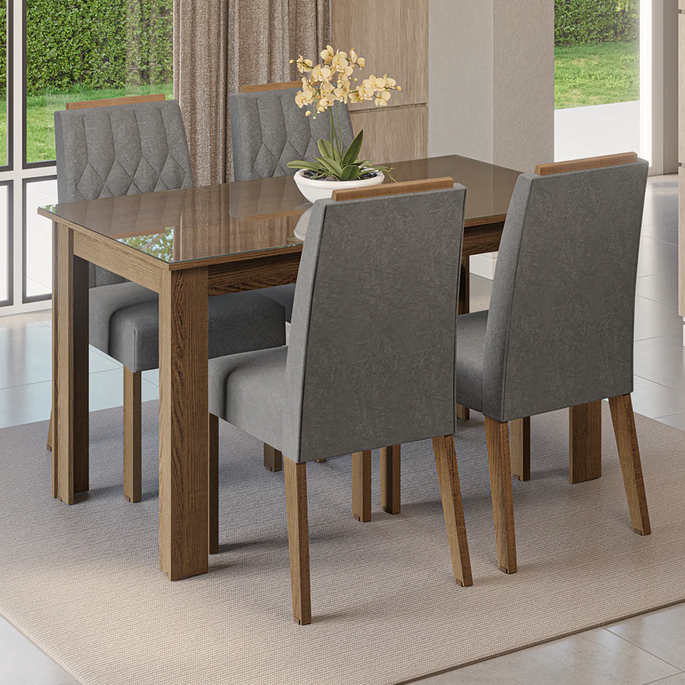 Juego de Comedor Tapa de Vidrio 4 Sillas Marrón/Silver Pétala Madesa