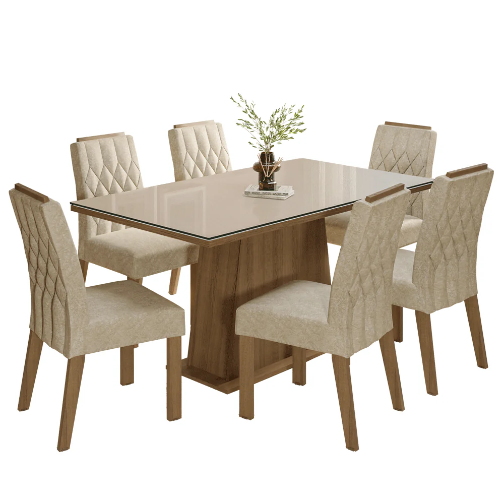 Juego de Comedor Tapa de Vidrio 6 Sillas Marrón/Crema/Imperial Avenca Madesa - Image 3