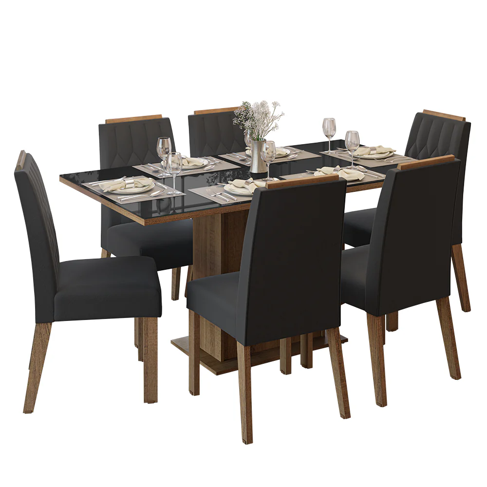 Juego de Comedor Tapa de Vidrio 6 Sillas Marrón/Negro/Oxford Azaleia Madesa - Image 3