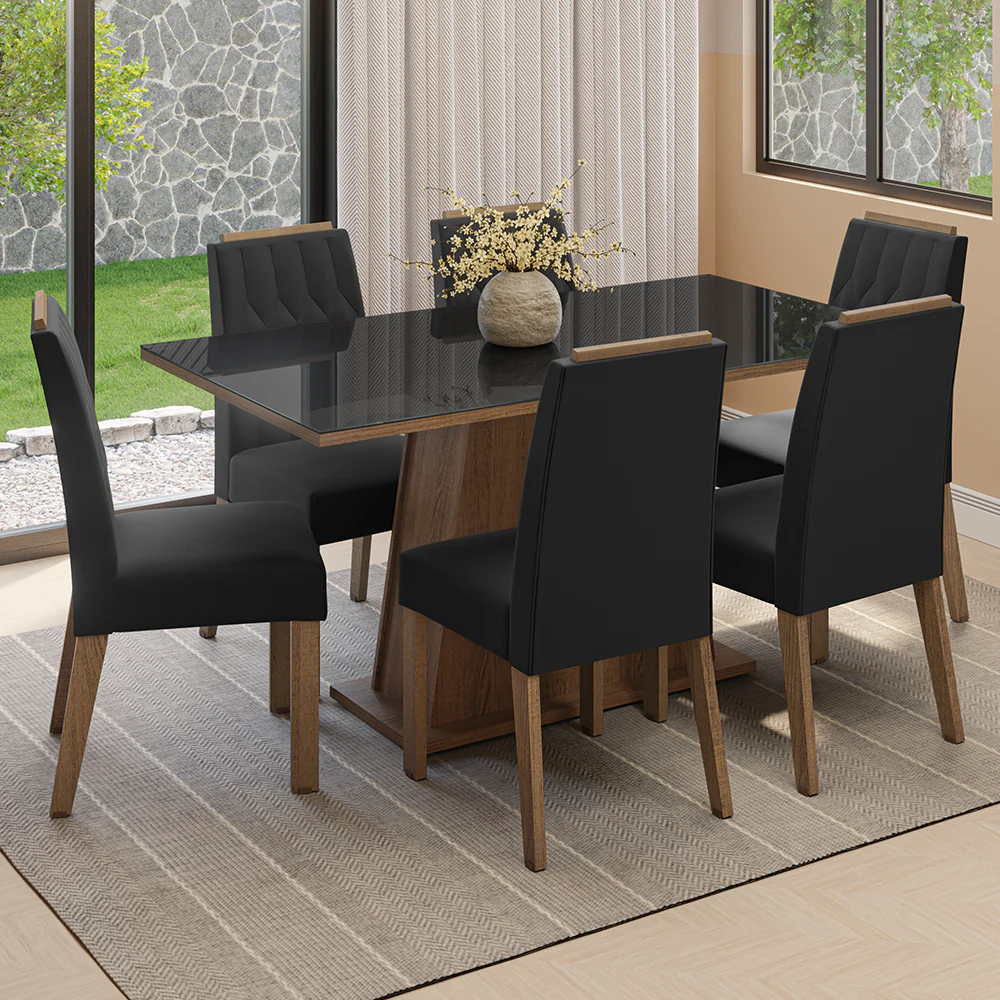 Juego de Comedor Tapa de Vidrio 6 Sillas Marrón/Negro/Oxford Peônia Madesa