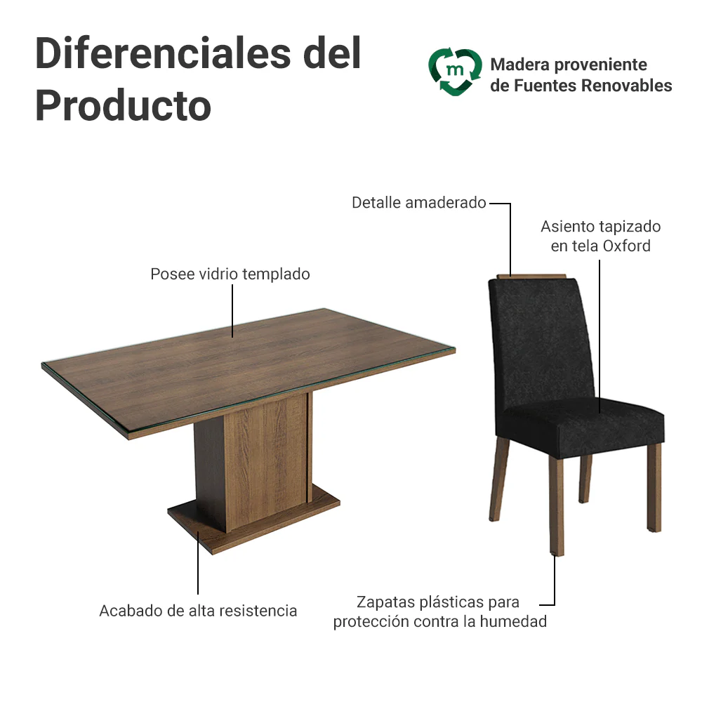 Juego de Comedor Tapa de Vidrio 6 Sillas Marrón/Oxford Dália Madesa - Image 4