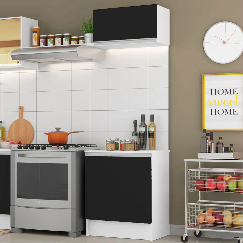 Kit Cocina 60 cm 2 Puertas con Alacena y Bajo Mesada Blanco/Negro Topazio Madesa