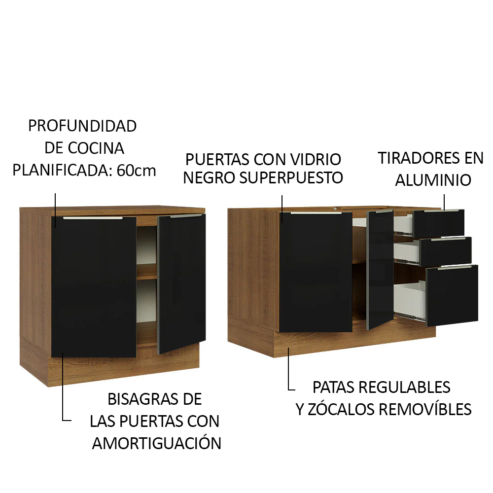Kit con 2 Bajo Mesada Madesa Lux 4 Purtas 3 Cajones (Sin Mesada ni Bacha) Marrón/Negro - Image 4
