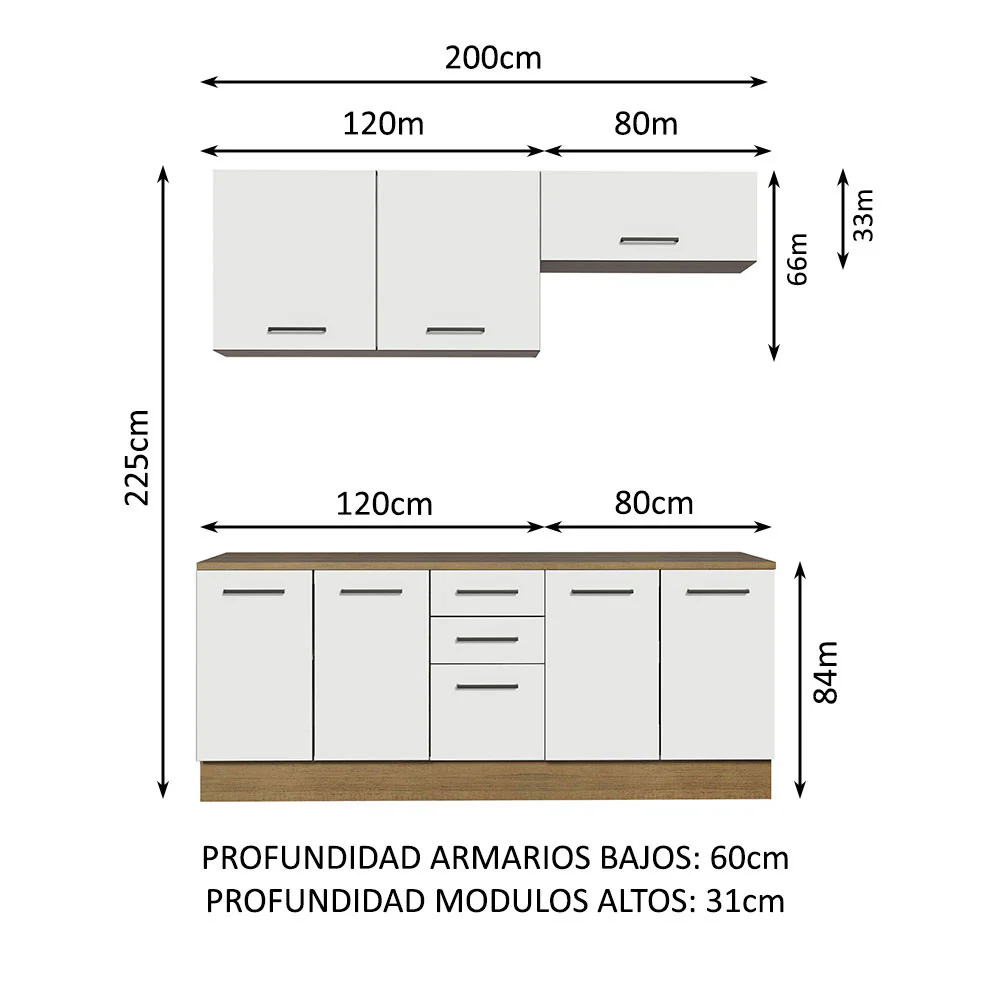 Kit con 2 Gabinetes Bajos y 2 Gabinetes superiores 200cm Marrón/Blanco Agata - Image 2