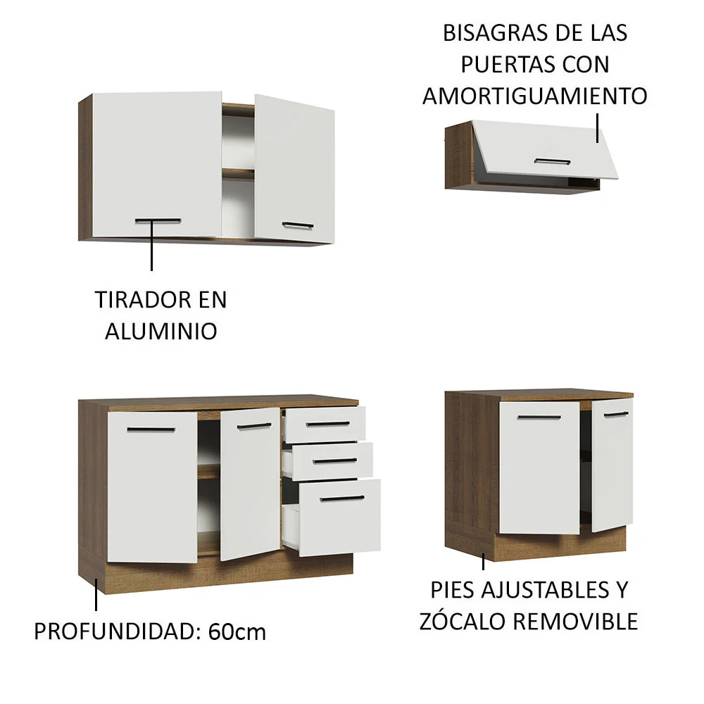 Kit con 2 Gabinetes Bajos y 2 Gabinetes superiores 200cm Marrón/Blanco Agata - Image 4