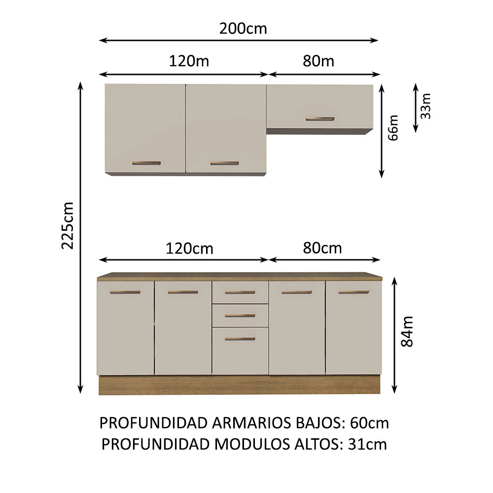 Kit con 2 Gabinetes Bajos y 2 Gabinetes superiores 200cm Marrón/Crema Agata - Image 2