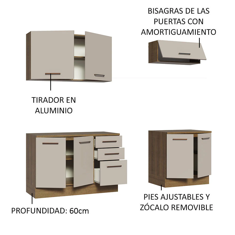 Kit con 2 Gabinetes Bajos y 2 Gabinetes superiores 200cm Marrón/Crema Agata - Image 4