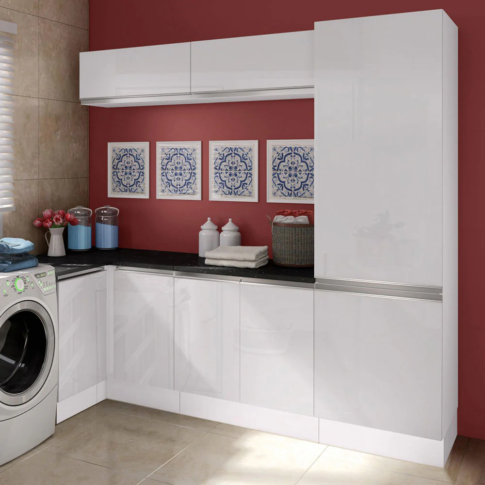 Kit Lavadero Madesa Acordes 100% MDF con Alacena, Bajo Mesada esquinero y Despensero Blanco Brillante