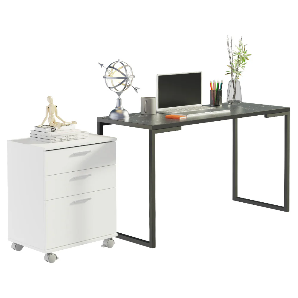 Kit Oficina Home Office con Mesa Industrial + Cajonera Blanco/Negro Madesa - Image 3