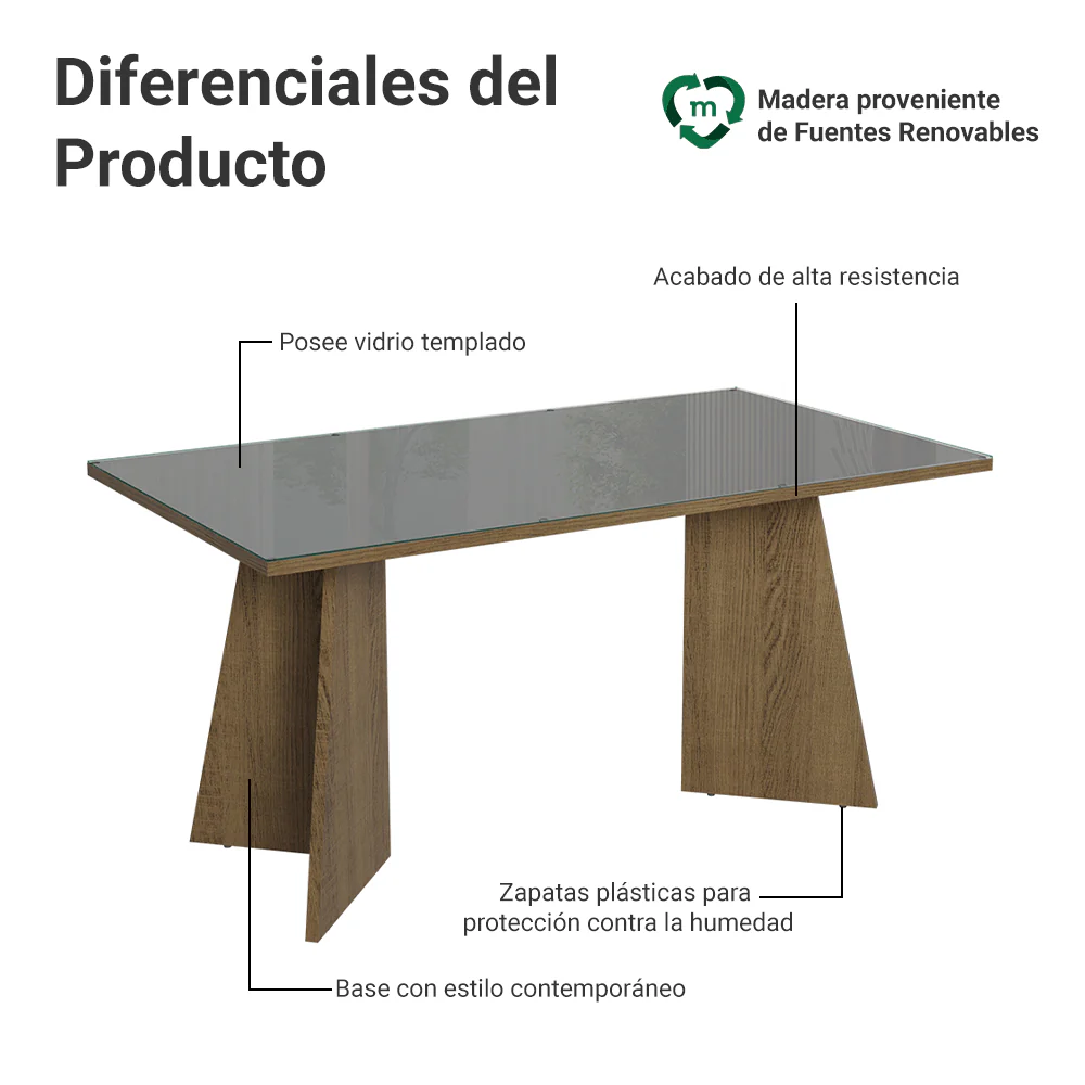 Mesa de Comedor Rectangular con Tapa de Vidrio 5389 Marrón/Gris - Image 3