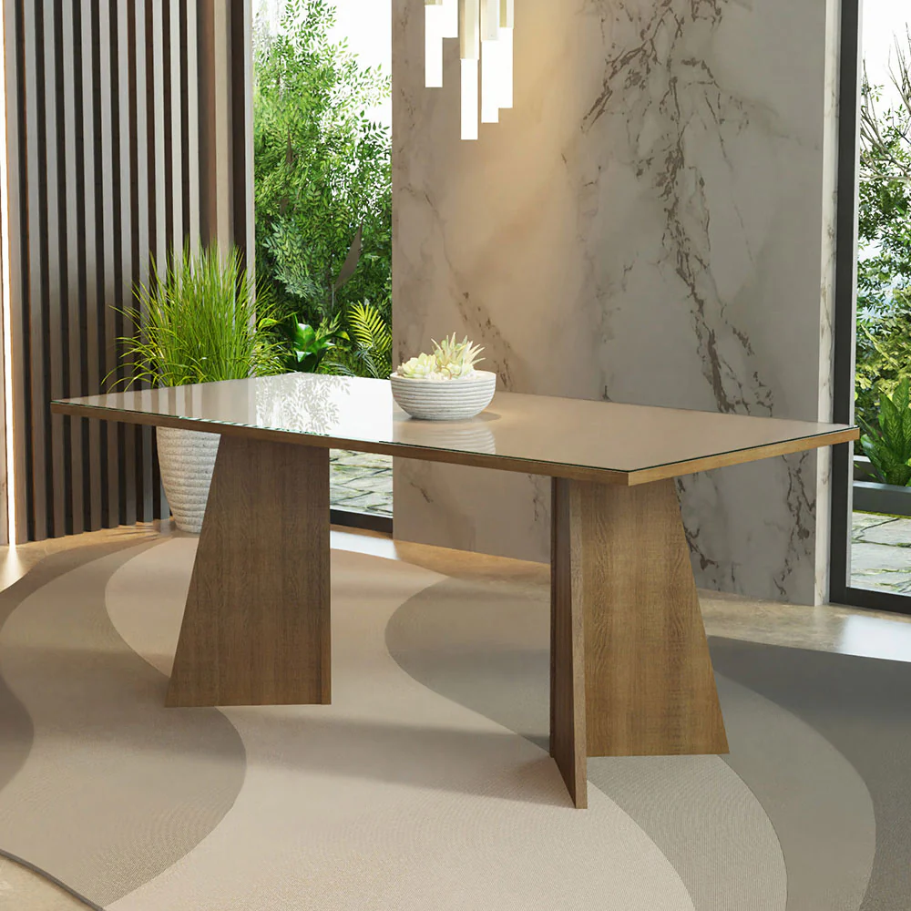 Mesa de Comedor Rectangular con Tapa de Vidrio Marrón/Crema 5388