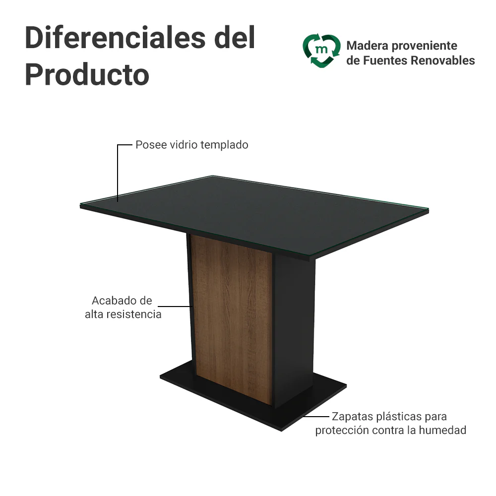 Mesa de Comedor Rectangular con Tapa de Vidrio Marrón/Negro 5329 - Image 3