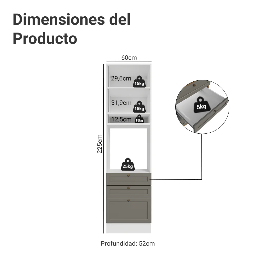 Mueble de cocina para Horno/ microondas 60 cm 1 Puerta 3 Cajones Blanco/Gris Vik Madesa - Image 2