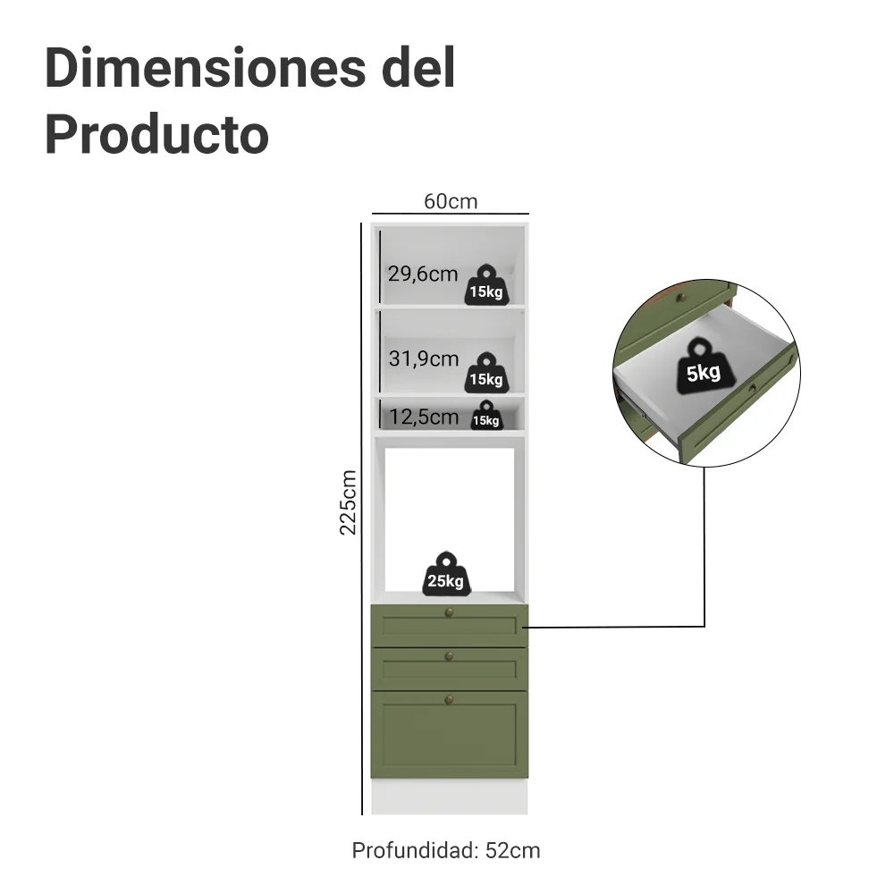 Mueble de cocina para Horno/ microondas 60 cm 1 Puerta 3 Cajones Blanco/Verde Vik Madesa - Image 2