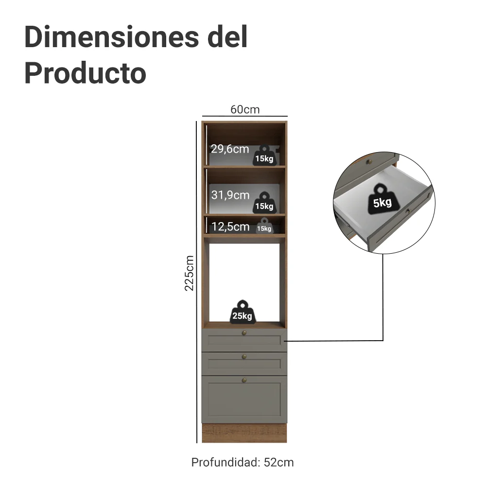 Mueble de cocina para Horno/ microondas 60 cm 1 Puerta 3 Cajones Marrón/Gris Vik Madesa - Image 2