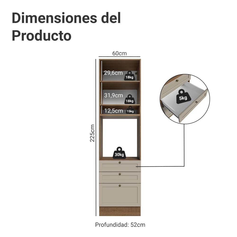 Mueble de cocina para Horno/Microondas 60 cm 1 Pueta 3 Cajones Marrón/Crema Vik Madesa - Image 2