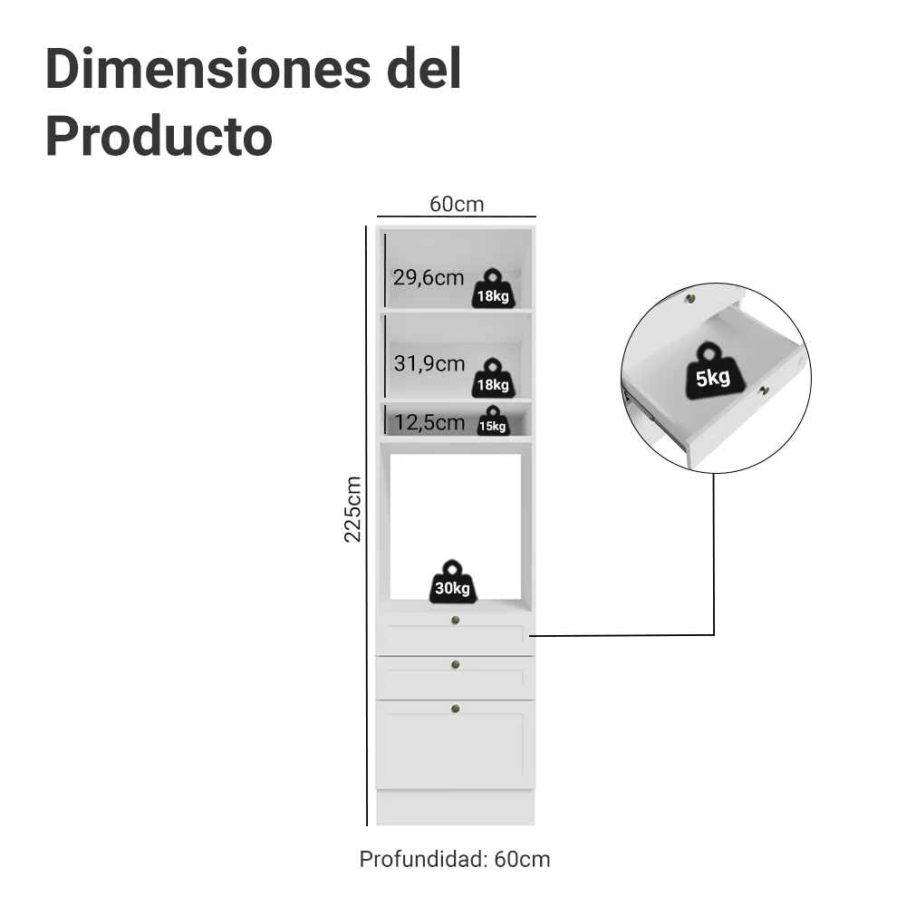 Mueble de cocina para Horno/ microondas 60 x 60 cm 1 Puerta 3 Cajones Blanco Vik Madesa - Image 2