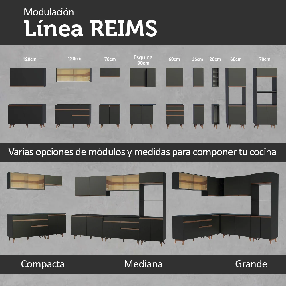 Mueble de cocina para Horno/ Microondas 70 cm Sin cajones 3 Puertas Reims Negro - Image 9