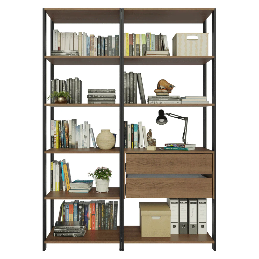 Mueble/Estante de Oficina Multiusos, 129 cm, 9 Estantes, 2 Cajones, Marrón/Negro - Image 5